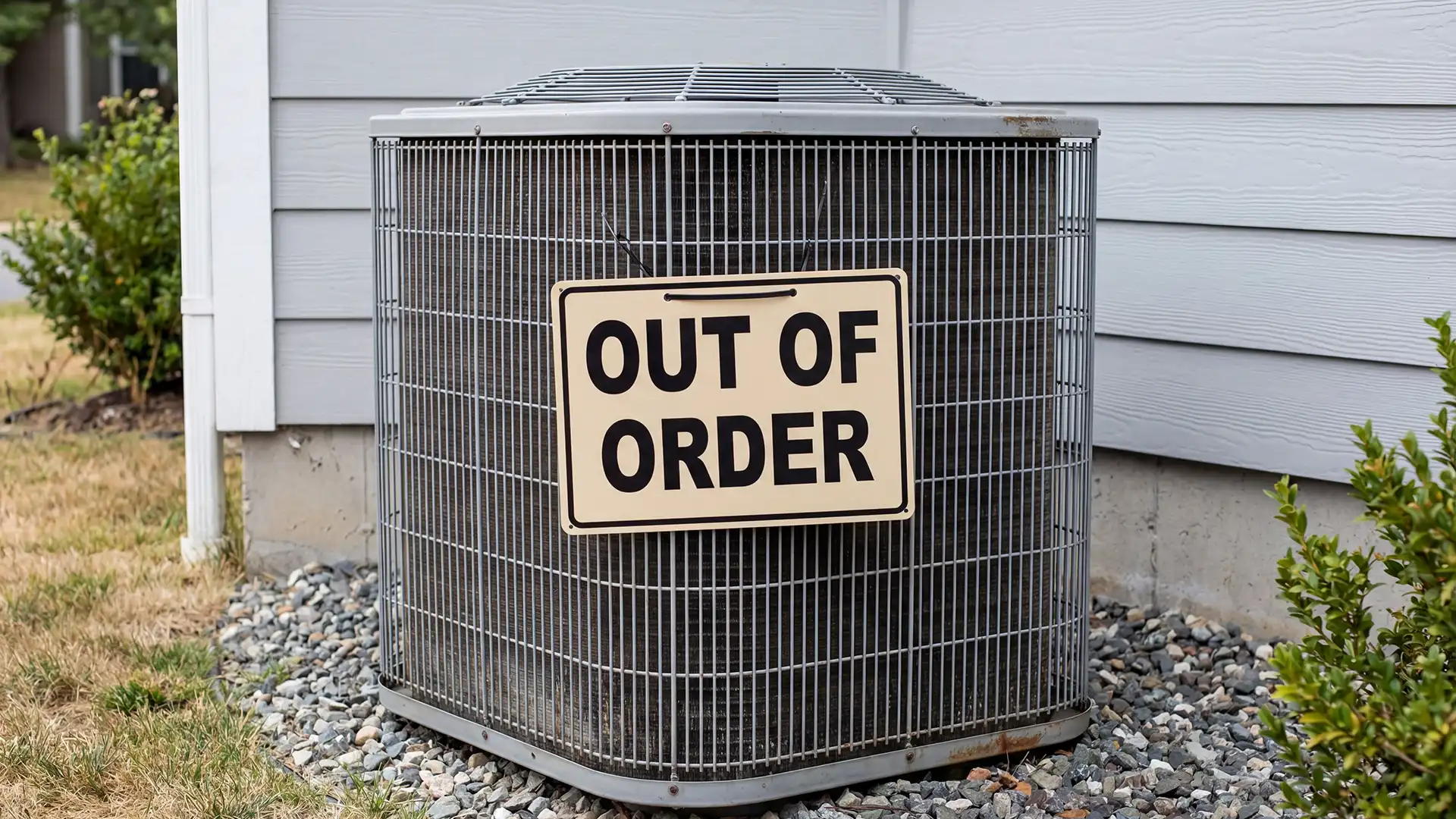 Outside HVAC unit with a sign reading "Out of Order"